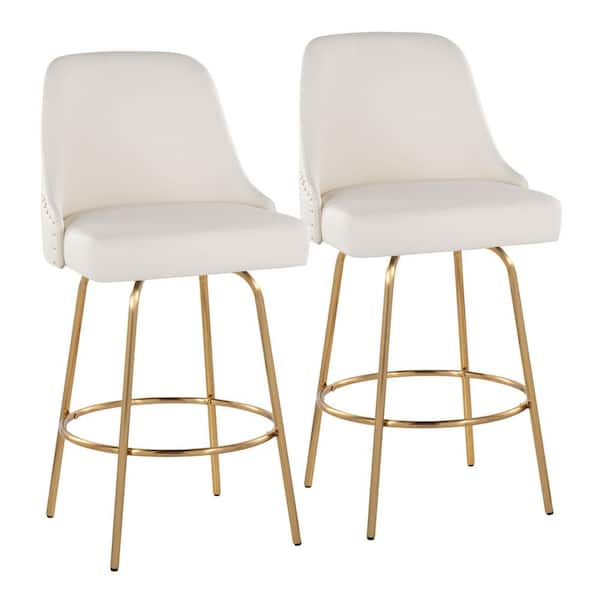Studded Marcel 27.25 in. White Faux Leather and Gold Metal Fixed-Height Counter Stool (Set of 2)