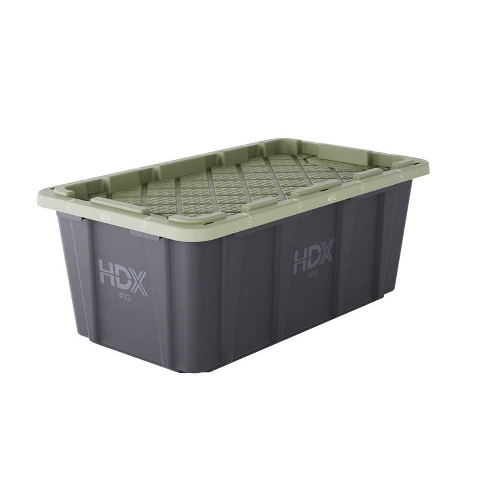 HDX 40 gal. Tough Storage Tote in Black with Army Green Lid 999