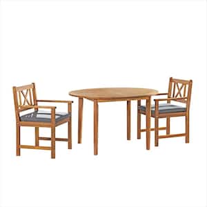 Manchester 3-Piece Acacia Wood Outdoor Dining Set with Round Dining Table and 2 Dining Chairs with Gray Cushions