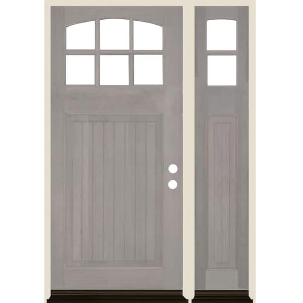Krosswood Doors 50 in. x 80 in. Craftsman V-Groove Arch 6-Lite Clear Glass Grey Stain Left Hand Hemlock Wood Prehung Front Door w/RSL