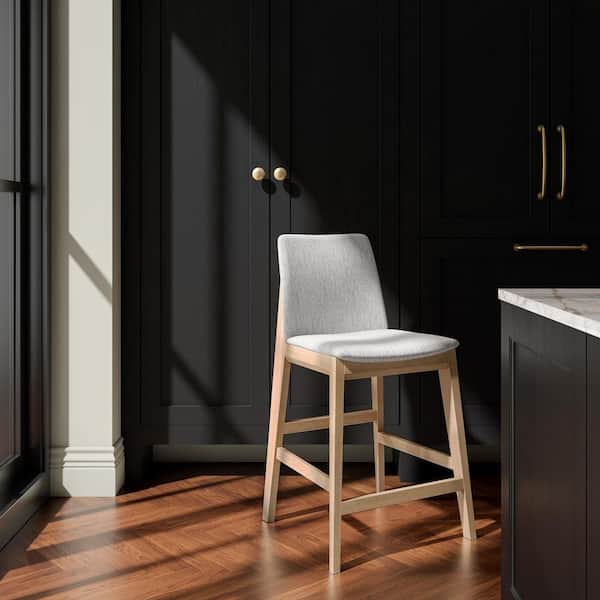 Ismara 38.9 in. Counter Stool, Light Grey Polyester Upholstery, Solid White Oak Frame