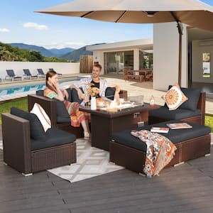 Large Espresso 7 Piece Wicker Patio Fire Pit Conversation Sectional Sofa Set with Ottomans and Gray Cushions