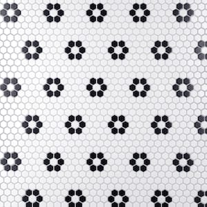 Metro 1 in. Hex Matte White with Flower 10-1/4 in. x 11-7/8 in. Porcelain Mosaic Tile (8.6 sq. ft./Case)