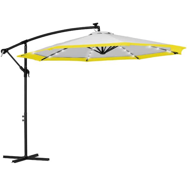 JEAREY 10 ft. Steel Solar Lighted Cantilever Patio Umbrellas with Sandbag Weighted Base in Gray and Yellow Splicing