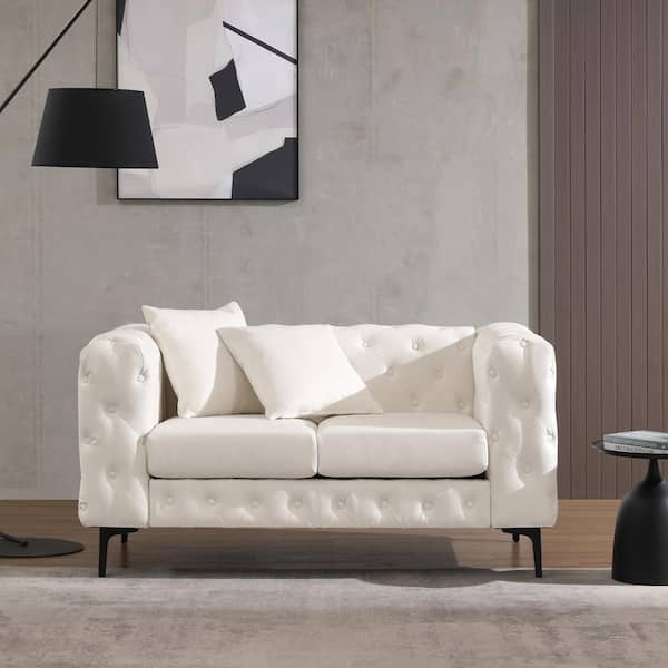 Morden Fort 59 in. Modern Glam Beige Track Arm Faux Leather 2-Seater Loveseat Couch with Tufted Button for Living Room Apartment