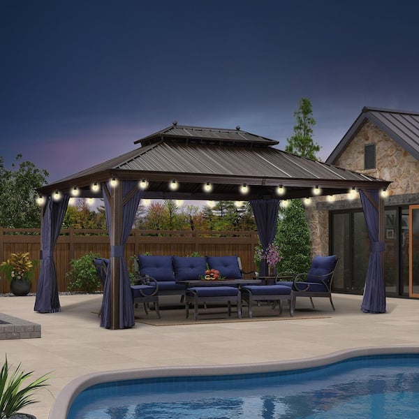 12 ft. x 16 ft. Bronze Patio Outdoor Gazebo for Backyard Hardtop Aluminum Frame w/Hooks, Netting, Blue Curtain 24-Lights