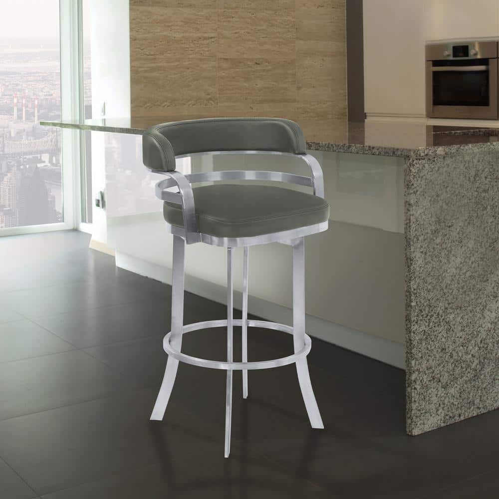 Prinz 30 in. Bar Height Metal Swivel Bar Stool in Gray Faux Leather with Br
