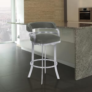 Prinz 30 in. Bar Height Metal Swivel Bar Stool in Gray Faux Leather with Brushed Stainless Steel and Gray Walnut Back