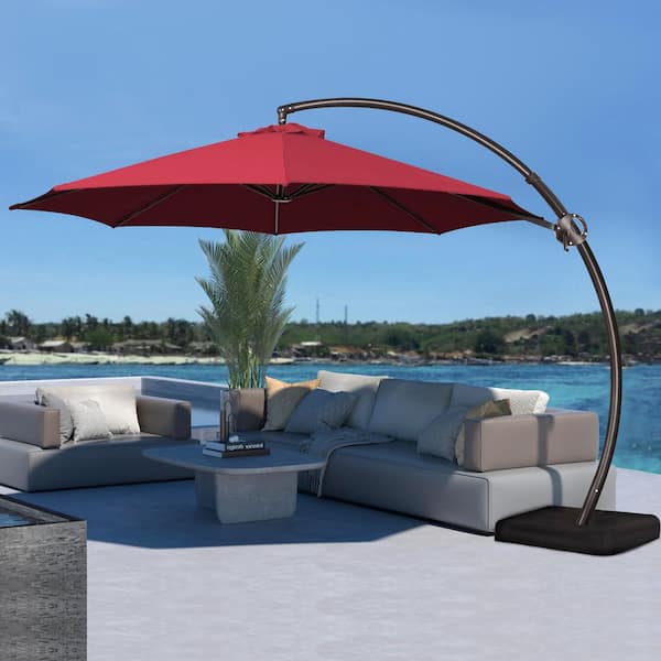 JEAREY 10 ft. Large Outdoor Aluminum Curvy Cantilever Offset Hanging Patio Umbrella with Sandbag Base and Cover in Red