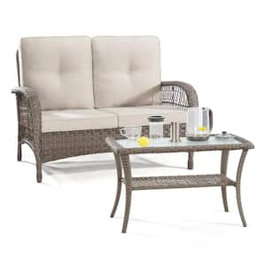 2-Piece Wicker Patio Conversation Set with Beige Cushions, Ergonomically Designed