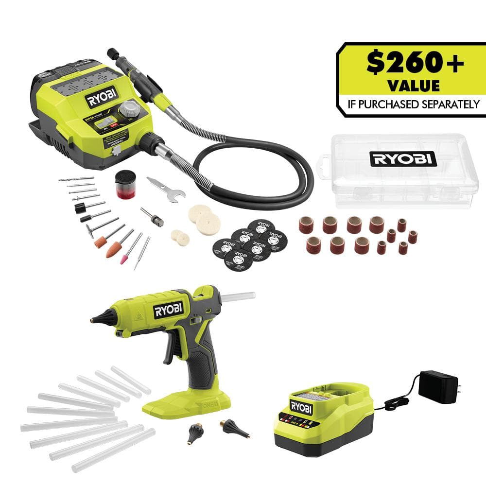 RYOBI ONE+ 18V Cordless 2- Tool Combo Kit with Rotary Tool Station, Dual  Temperature Glue Gun, 2.0 Ah Battery and Charger PCL1205K1 The Home Depot