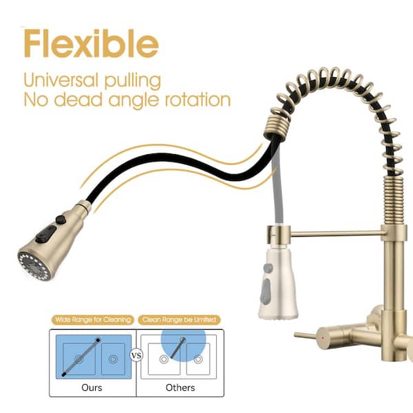 Double Handle Bridge Kitchen Faucet in Brushed Gold Stainless Steel