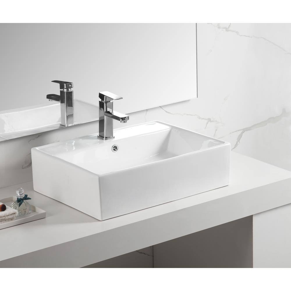Glossy White Ceramic Rectangular Above-Counter Bathroom Sink