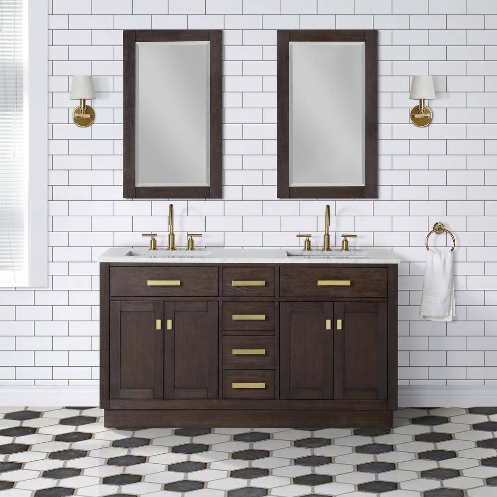 Chestnut 60" Brown Oak Double Bathroom Vanity with Gold Accents