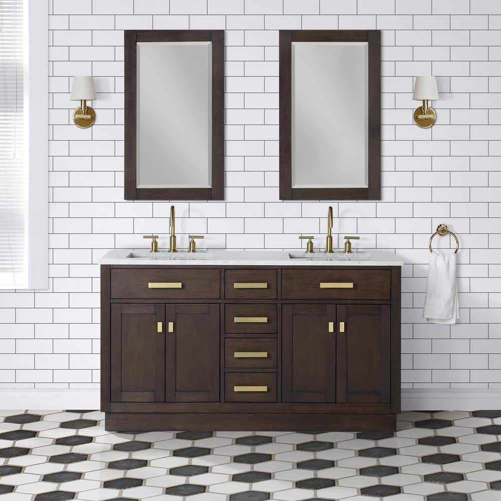 Chestnut 60" Brown Oak Double Bathroom Vanity with Gold Accents