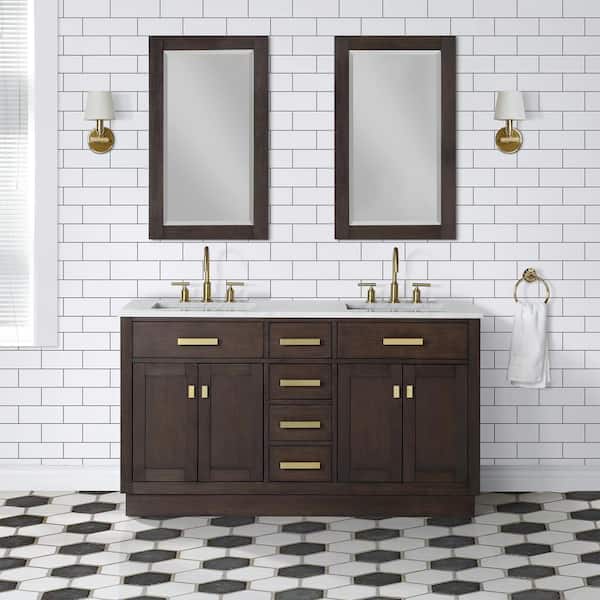 Water Creation Chestnut 60 in.W x 21.5 in.D x 34.2 in.H Double Sink Bath Vanity in Brown Oak with Carrara White Marble Top and Faucets
