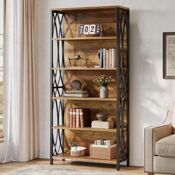 Eulas 70.87 in. Tall Rustic Brown Wood 6-Shelf Standard Bookcase with Geometric Metal Support, Industrial Bookshelf