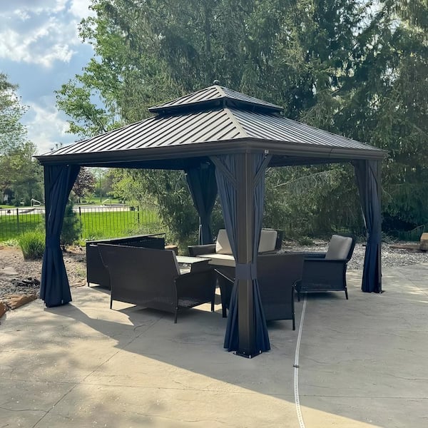PURPLE LEAF 10 ft.x 13 ft.Bronze Aluminum Power-Coated Frame Galvanized Steel Double Roof Hardtop Gazebo,Hooks, Netting,Blue Curtain