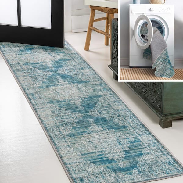 Regis Bohemian Medallion Machine-Washable Teal/Cream 2 ft. x 8 ft. Runner Rug