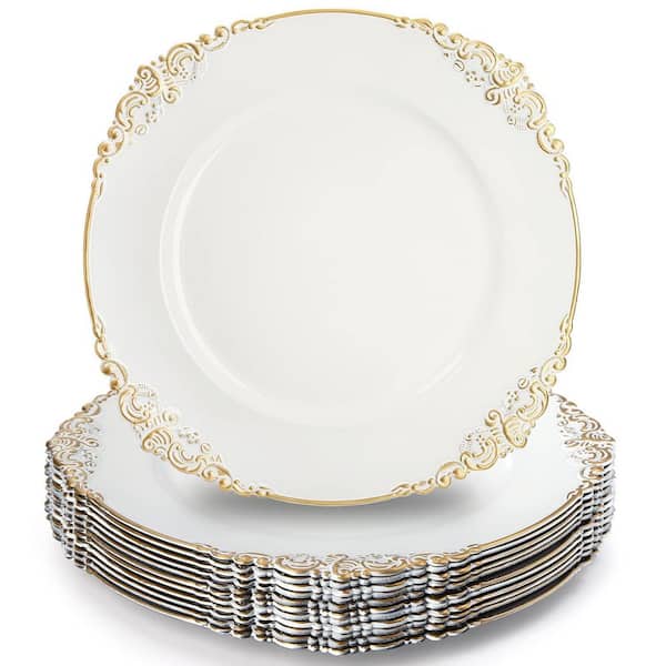 12 Pack Plastic White Charger Plates, 13 in. Dinner Charger Dessert Plates with Gold Rim, Vintage Charger Serving Plates