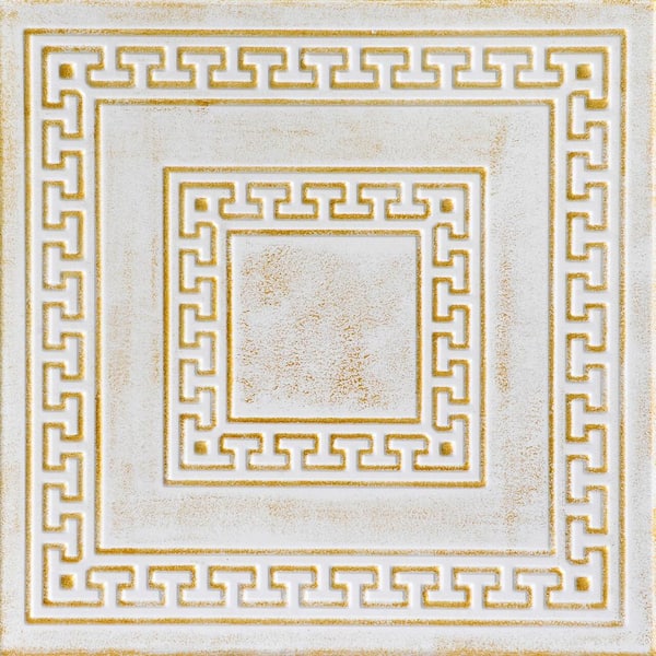 A La Maison Ceilings Greek Key White Washed Gold 1.6 ft. x 1.6 ft. Decorative Foam Glue Up Ceiling Tile (21.6 sq. ft./case)