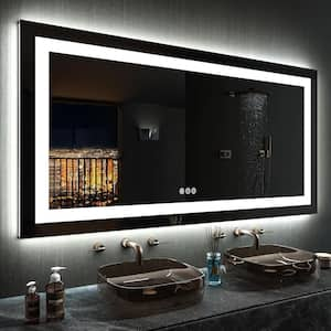 60 in. W x 28 in. H Rectangular Frameless LED Light Wall Bathroom Vanity Mirror with Anti-Fog in Black