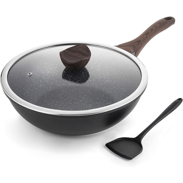 12 in. Nonstick Wok Aluminum Alloy Granite Stone Coating PFOA Free Easy to Clean Induction Cookware w/ Glass Lid Handle