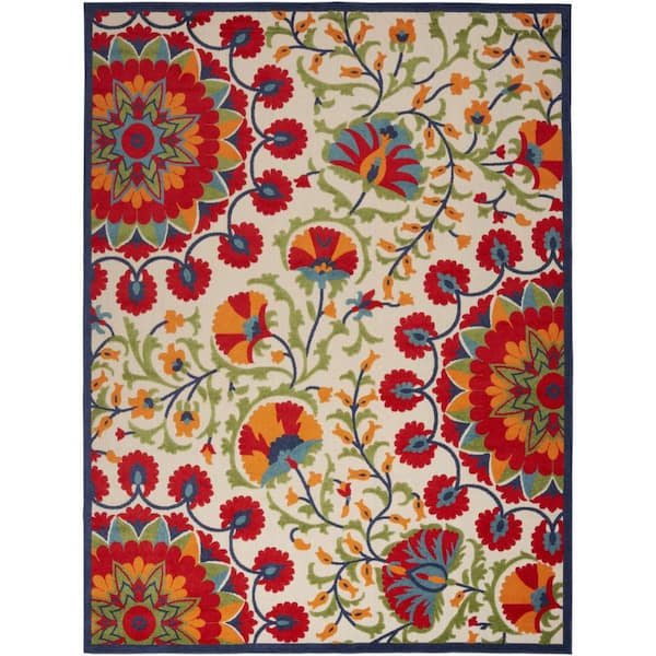 Red, Ivory 10 ft. x 14 ft. Woven Abstract Polyester Rectangle Indoor/Outdoor Area Rug