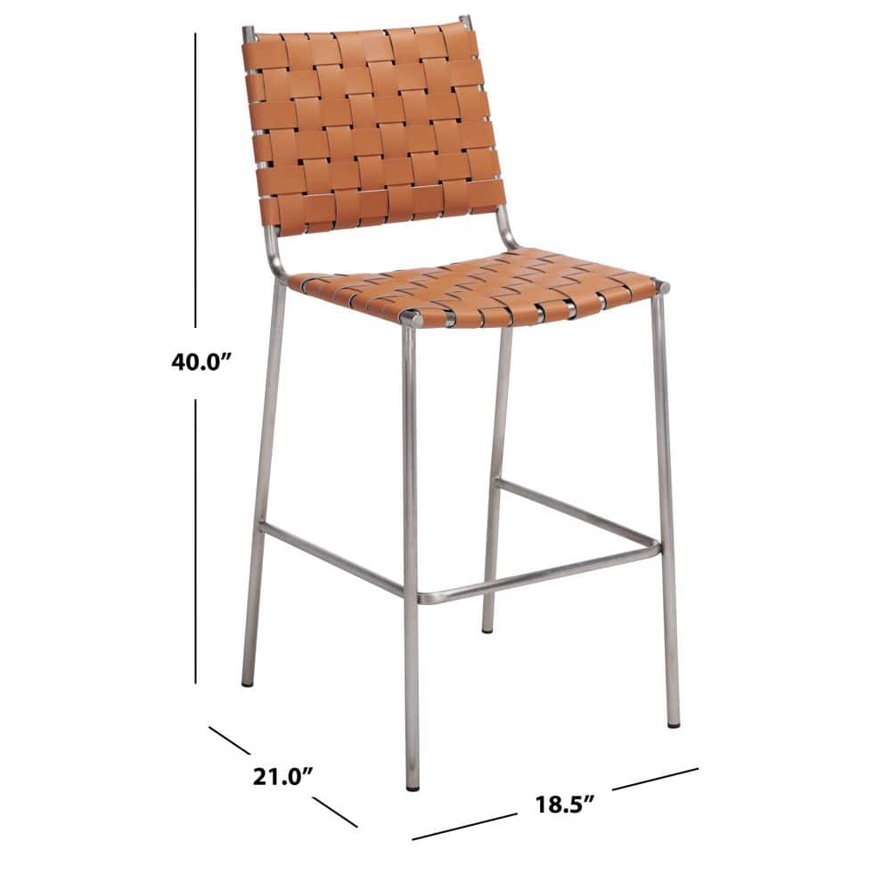 Cognac Leather and Silver Metal Saddle Counter Stool