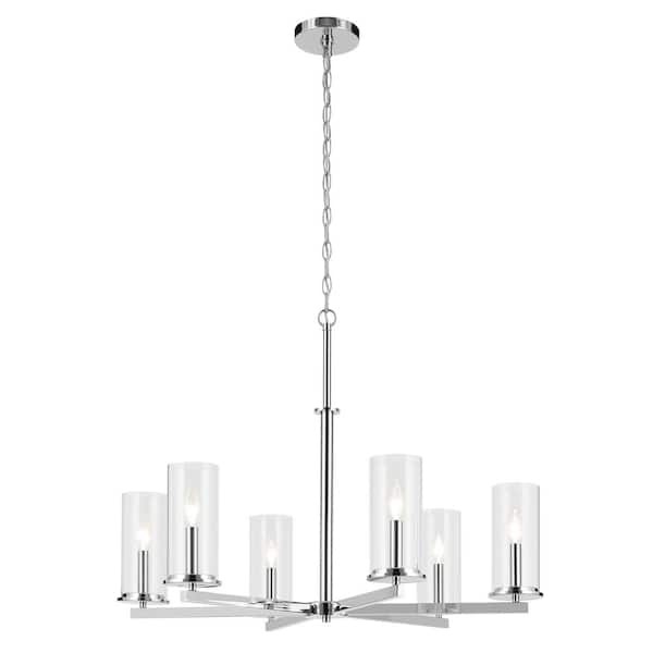 KICHLER Crosby 32.25 in. 6-Light Chrome Contemporary Candlestick Cylinder Chandelier for Dining Room