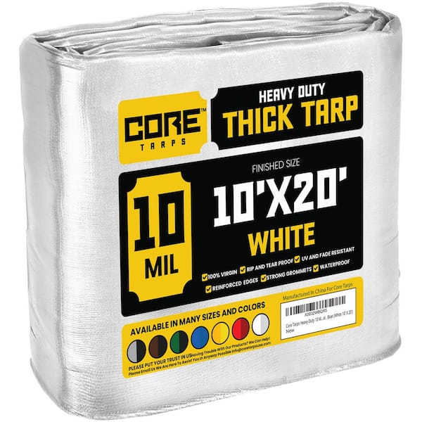 CORE TARPS 10 ft. x 20 ft. White 10 Mil Heavy Duty Polyethylene Tarp, Waterproof, UV Resistant, Rip and Tear Proof