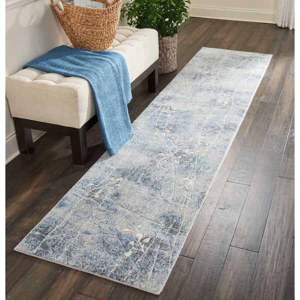 Somerset Silver/Blue 2 ft. x 10 ft. Botanical Contemporary Runner Area Rug