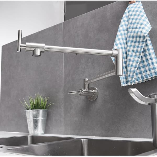 Wall Mounted Pot Filler with Built In Water Filter Spout in Brushed Nickel
