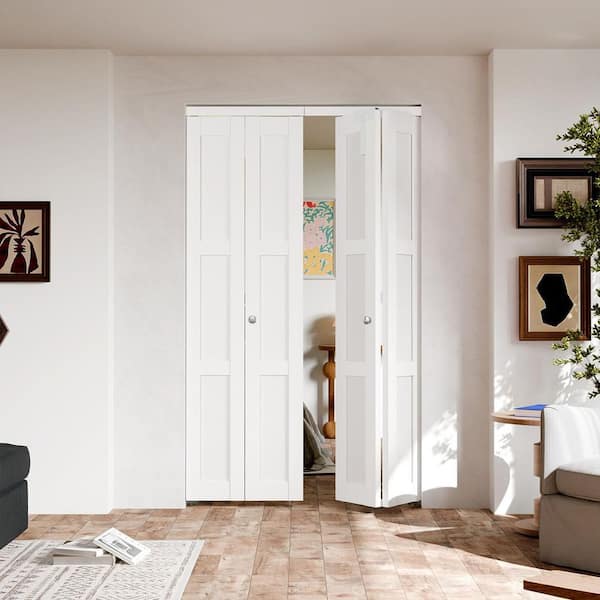 48 in. x 80 in. 3-lite Panel Solid Core White PVC Covering Wood MDF. Bi-fold Door with Locks, Handles and Hardware Kits