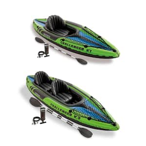 1-Person Inflatable Kayak with 2-Person Inflatable Kayak both with oars & pump