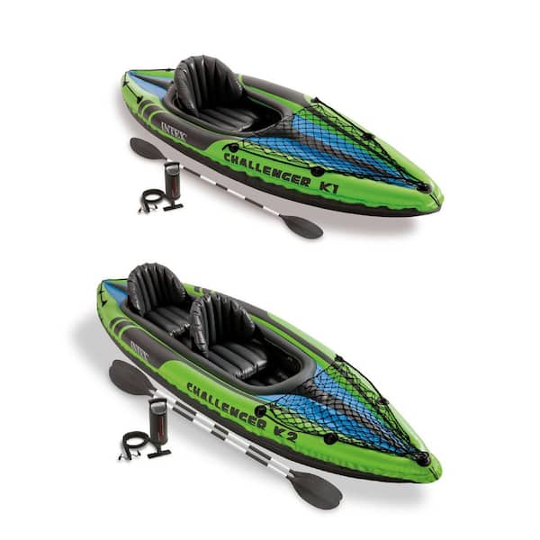 Intex 1-Person Inflatable Kayak with 2-Person Inflatable Kayak both with oars & pump