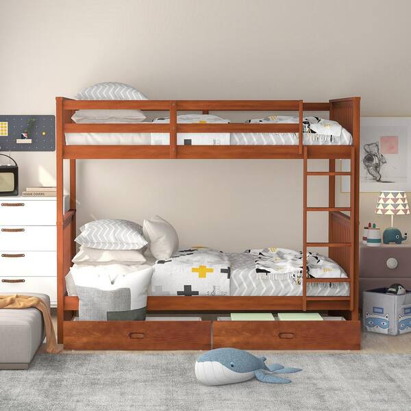 GHOUSE SSuper Walnut Twin-Over-Twin Wood Bunk Bed with 2-Drawers  HFLT000265AAD - The Home Depot