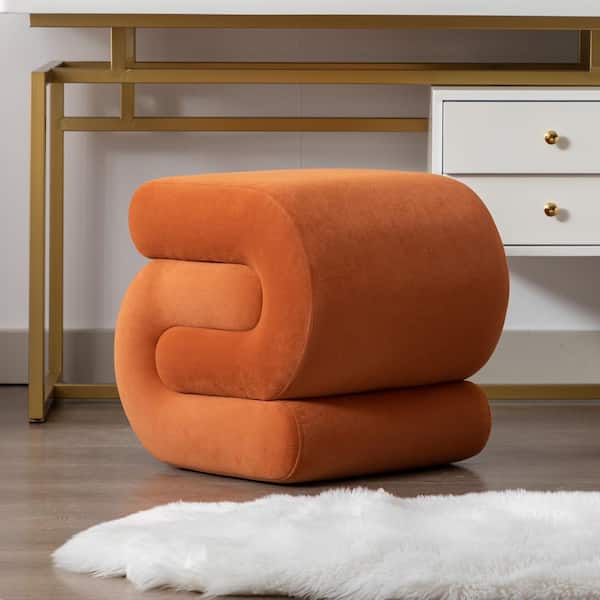 Maverick Orange Modern Upholstered Velvet S-shape Ottoman Stool, Wood