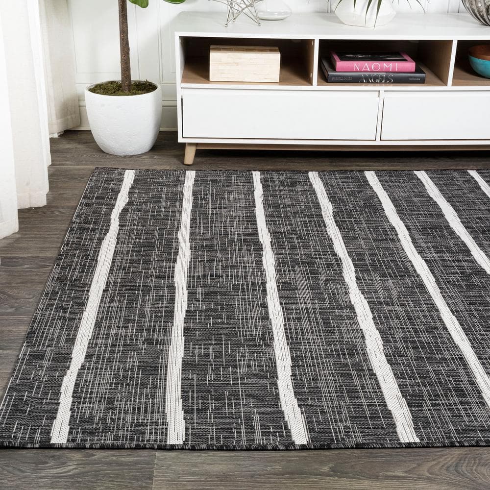 3' x 5' Black and Ivory Synthetic Stripe Rectangular Rug