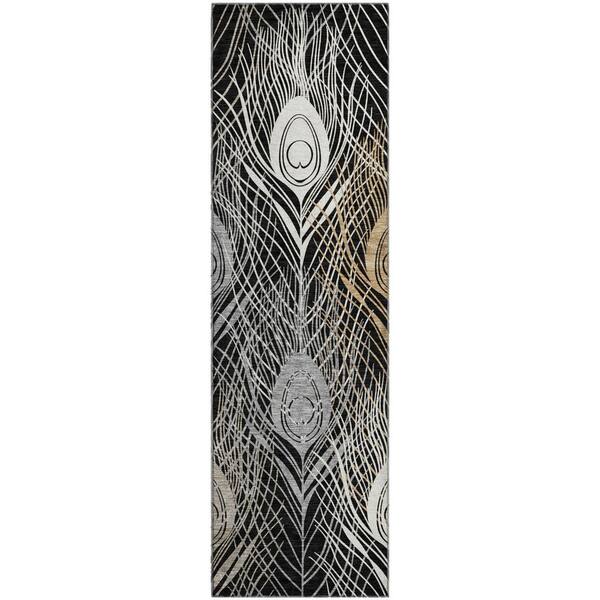 Mayfield Premium Machine Washable Abstract AMF2273 Black 2 ft. x 7 ft. Runner Rug