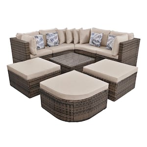 8-Piece Wicker Patio Conversation Set with Beige Cushions