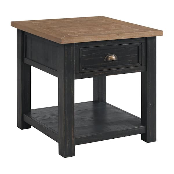 Monterey 24 in. Black and Driftwood Square Solid Wood End Table with Drawer and Shelf