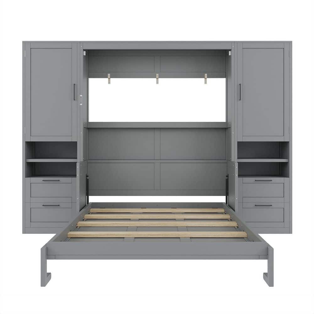 Gray Wood Frame Queen Size Murphy Bed with Closet, Drawers and Shelves - thumbnail 8