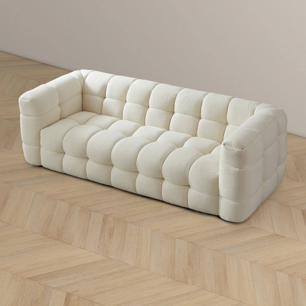 Mid-Century Modern White Tufted Microfiber Sofa with Wood Base