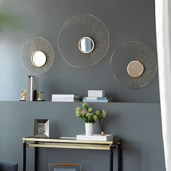 Unbranded 26 in. W x 25.5 in. H Oval Gold Iron Framed Wall Mirror, Set of 3 for Home and Office, Top of Sideboard