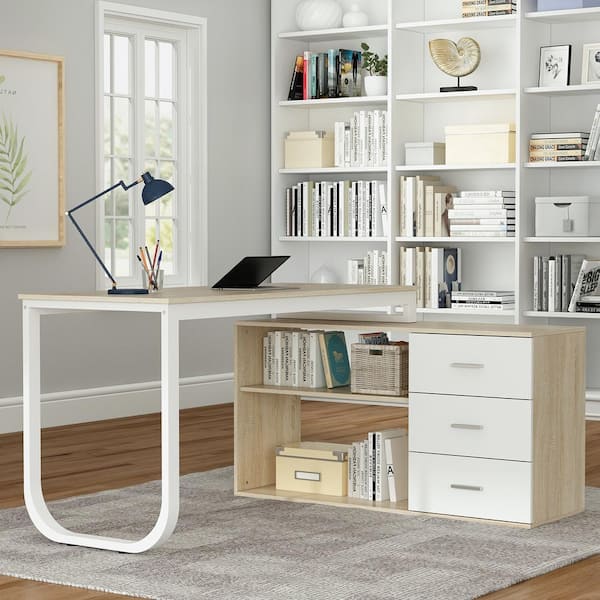 3 Shelf Modern Desk Shelving Desk with 3 Tier On Top & Below Desk Shelving Home Office Computer Desk Metal & Wood Industrial Style 