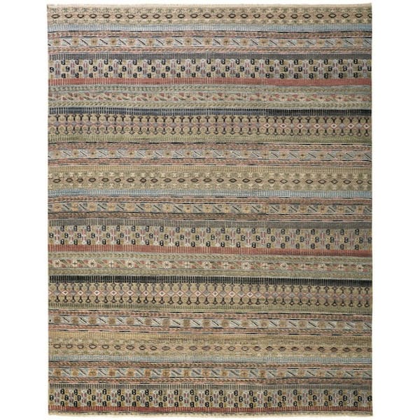 Tan, Blue, Orange Striped 8 ft. x 12 ft. Area Rug
