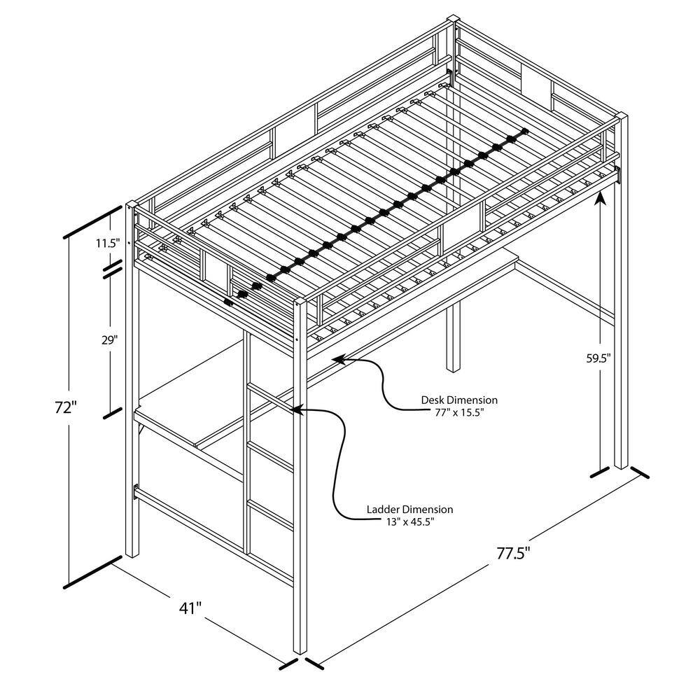 Silver Twin Loft Bed with Desk and Ladder
