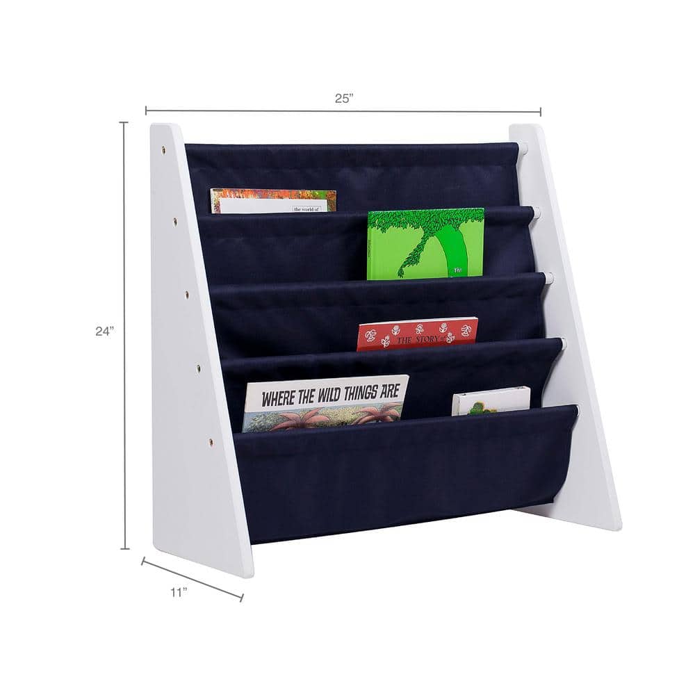 Compact White Melamine Kids Sling Bookshelf with Fabric Pockets