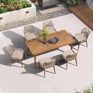 7-Piece Aluminum Outdoor Dining Set Teak Patio Furniture Set Wicker Table and Chairs with Cushions